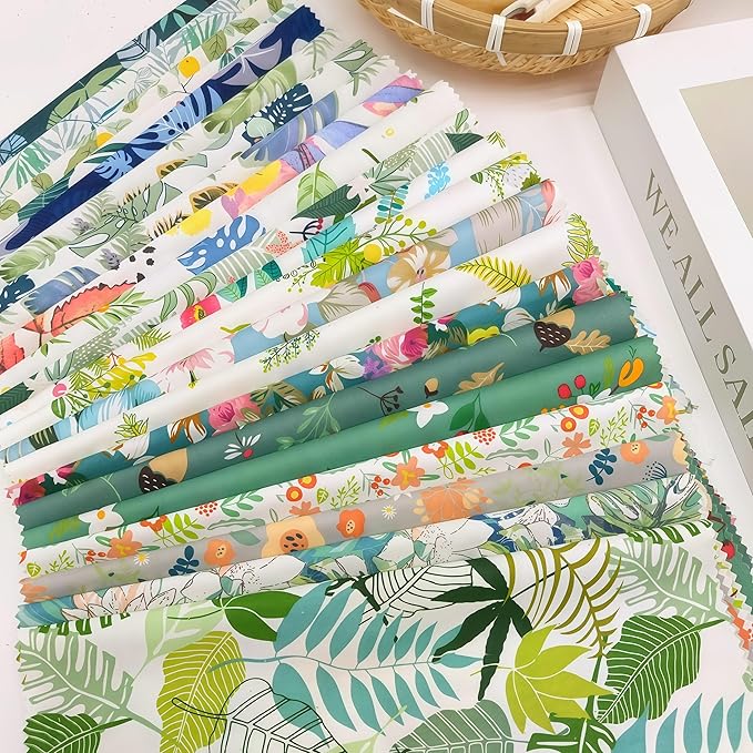 22Pcs 10" Fabric Squares No Repeat Precut Cotton, Wavy Edge Quilting Supplies, Perfect DIY Sewing Supplies Leaf Green Patchwork