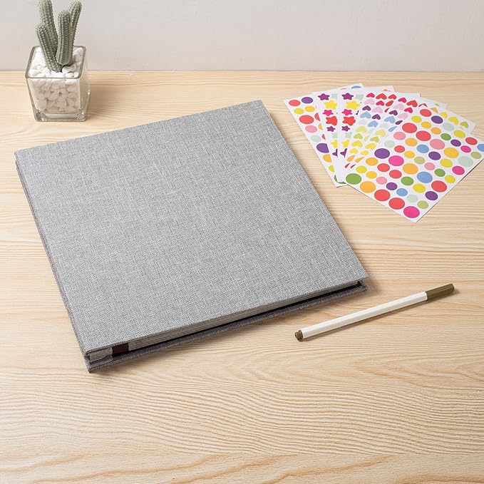 Large Photo Album Self Adhesive 4x6 8x10 10x12 13"x12.6" Scrapbook 12.6"x11" Inch 60 Black Sticky Pages Linen Cover Magnetic Photo Album with A Metallic Pen and DIY Stickers(Grey)