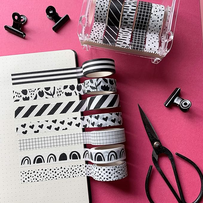 zynshe washi tape set of 12 rolls of 15 mm wide cute decorative washi tape for journaling, scrapbook, washy crafts, bullet journals, planners, diy décor, gift wrapping, craft supplies (black white)