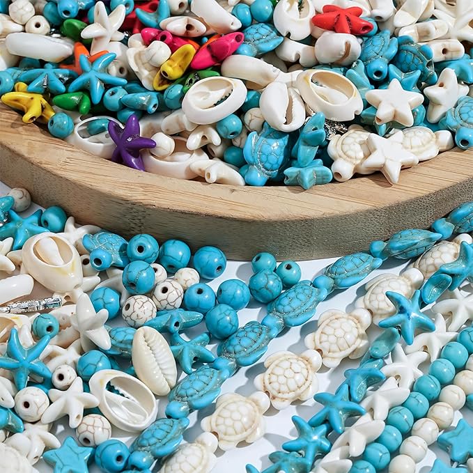 344Pcs Turquoise Sea Turtle Beads Blue and White Starfish Beads Tortoise Turtle Charms Summer Beach Animal Spacer Bead Shell Bead for Jewelry Making DIY Bracelet Necklace (8 Strings)