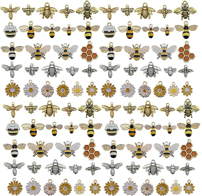 WOCRAFT 100pcs Assorted Enamel Honeycomb Honeybee Bee Bracelet Charms for Jewelry Making DIY Necklace Bracelet Keychain Crafting Charms Kit Crafts (SN1009)