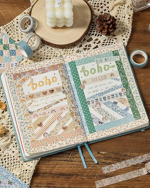 YUBX Boho Washi Tape Set 10 Rolls Cute Masking Graphic Floral Pattern Decorative Tapes for Arts, DIY Crafts, Journals, Planners, Scrapbook, Wrapping (Cool)