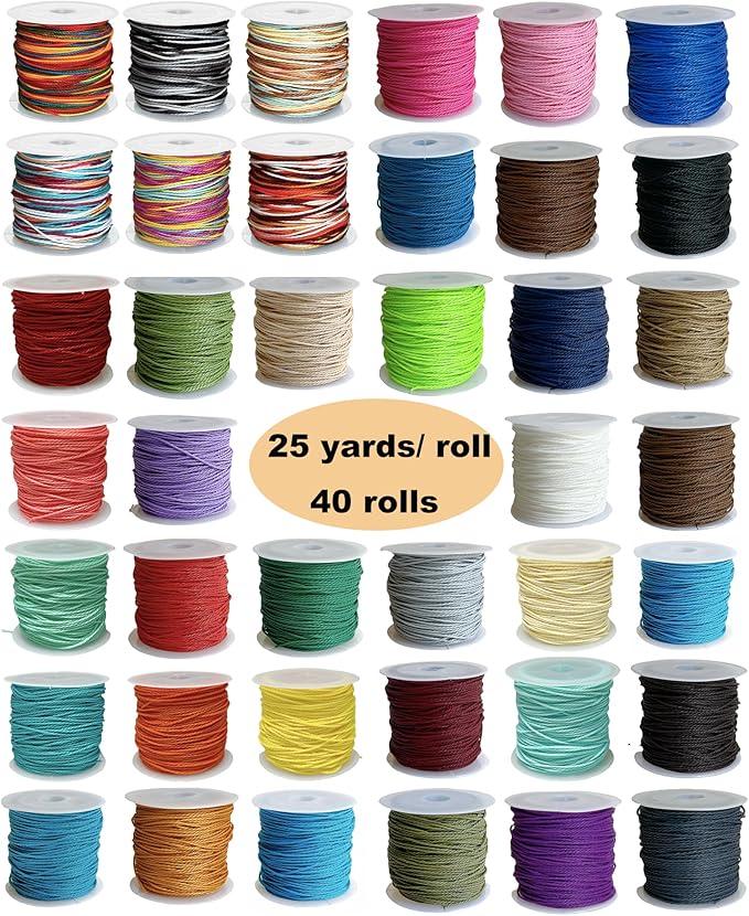 40 Colors 1mm Waxed Polyester Cord Bracelet Cord Wax Coated Thread for Jewelry Making Waxed String for Bracelet Making 25yards for Each Color (1000 Yards)