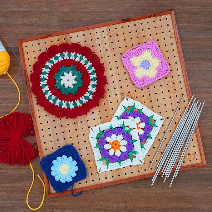 HHSarioneiro 11.8" Crochet Blocking Board with 16 Pins/Pegs, Granny Square Blocking Boards for Crochet Projects, Wooden Crocheting Accessories Gifts for Crocheters