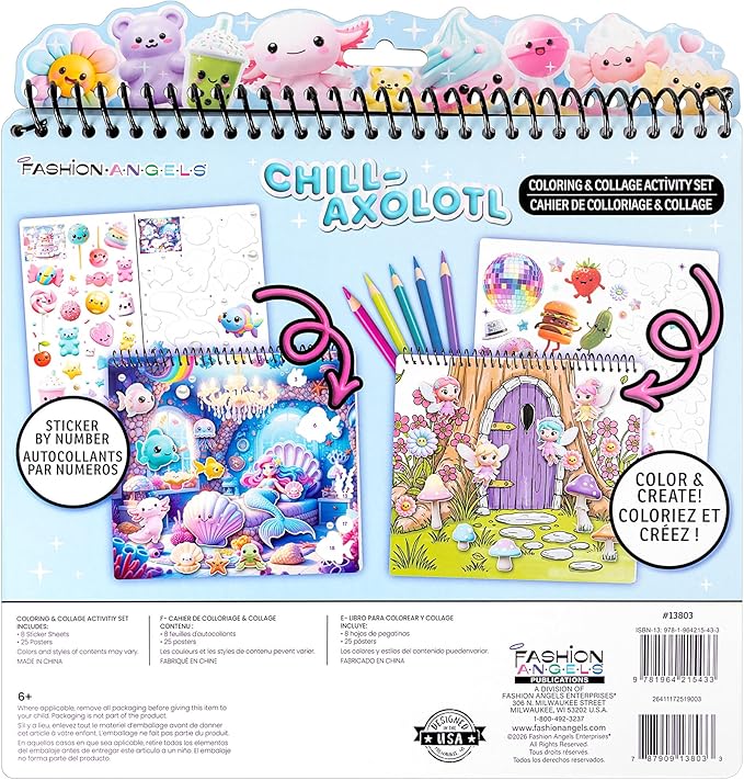 Fashion Angels Chill Axolotl Coloring & Collage Activity Set, Includes 400+ Stickers, Sticker-by-Number & Coloring Pages with Mystical, Cosmic & Candy-Themed Scenes, Creative Art Kit for Kids Ages 6+