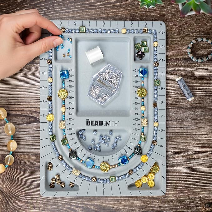 The Beadsmith Bead Board, Grey Flocked, 3 U-Shaped Channels, 6 Recessed Compartments, 9.5 x 13 inches, Design Boards for Creating Bracelets, Necklaces and Other Jewelry