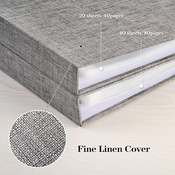 Mublalbum 12x12 Inch DIY Scrapbook Photo Album with 20 Plastic Sleeves 40 Pages Linen Cover 3 Ring Folder Binder for Wedding Baby Family and DIY Projects (Grey)