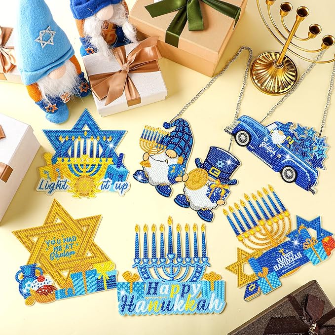 Zonon 6 Pcs Hanukkah Diamond Art Painting Hanging Sign Set Hanukkah Star Diamond Art Adults 5d DIY Craft Acrylic Pendant Ornaments Kits for Home Wall Door Window Decor