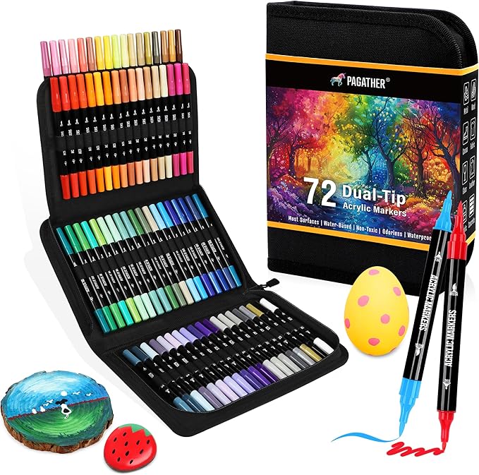 pagather 72 colors acrylic paint markers, dual tip with fine tip and brush tip pens for stone, wood, calligraphy, canvas, ceramic, metal, glass, rock painting, diy crafts art supplies kit