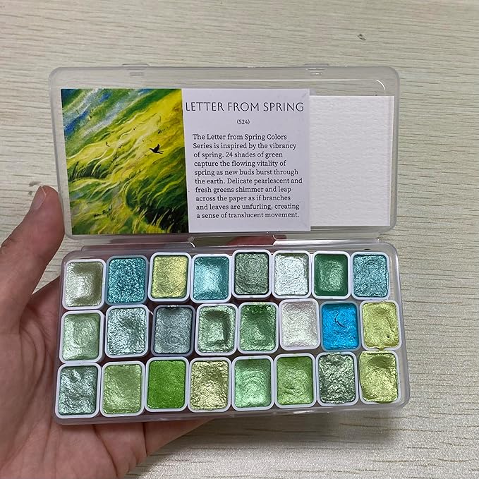Mini Glitter Watercolor Paint Set with Paper, 24 Colors Shimmer Metallic Watercolour Painting Sets, Solid Pearl Water Color Paints for Adult, Green 1ml Trial Pack(Letter from Spring)