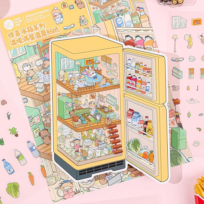4 Sets DIY 3D House Scene Stickers, Fridge-Themed, Scene Miniature Stickers, Cute Cartoon Scenes for Women Girls Teen Kids, Make Your Own Sticker, Fun Room Sticker Book Relief Stress Pass The Time