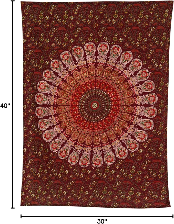 bless international handmade indian hippie bohemian psychedelic peacock mandala wall hanging college dorm beach throws table cloth bedding tapestry (maroon yellow, poster(30x40inches)(76x101cms))