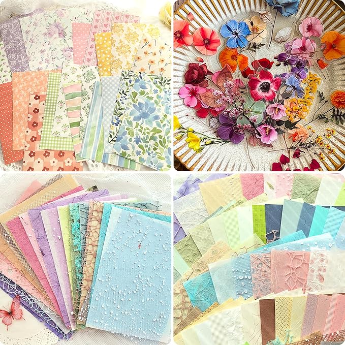 Flartmo Scrapbook Supplies Kit with 246 Sheets Textured & Floral Scrapbook Paper, 50 Pcs Flower Scrapbook Sticker & 3 Rolls Double-Sided Tape for Scrapbooking, Junk Journal, Card Making, Embellishment