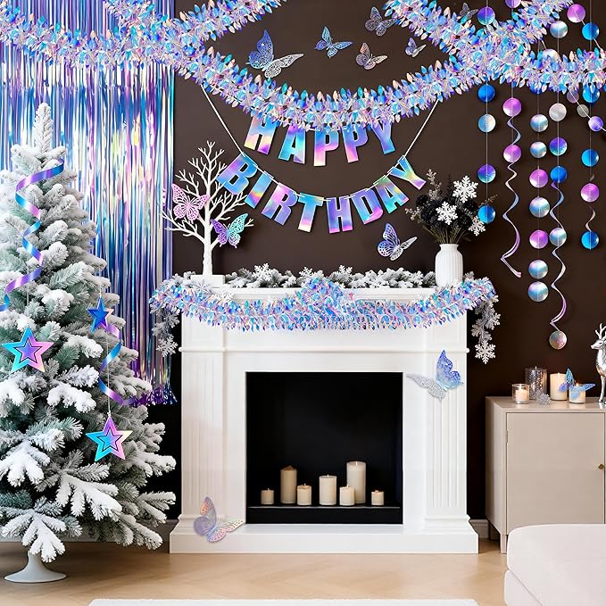 BTSD-home 48 Pcs Iridescent 3D Butterfly Wall Decor Iridescent Party Decorations for Bedroom Nursery Removable Holographic Butterfly Wall Stickers for Birthday Wedding Gift Box Cake