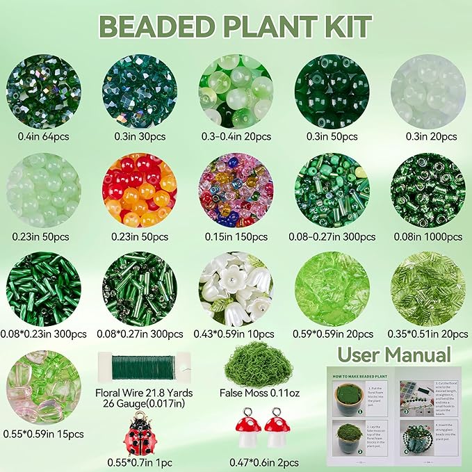 Green Glass Beaded Plant Kit, Forever Plant Beaded Leaf Flower Beads for Succulent Plant Jewelry Making and DIY Crafts