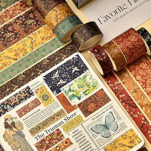 12 Rolls Chinoiserie Washi Tape Set Chinese Arts Adhesive Tapes Geometric Garden Decorative Masking Tape Sets for Craft, Kids, Scrapbook, DIY, Gift Wrapping (Serene Mountain Abode)