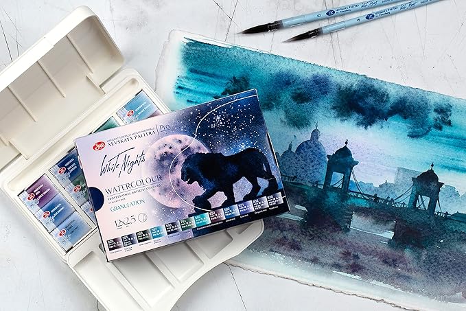 White Nights Granulating Watercolor Set 12 Full Pans of Professional Artist Grade Paints Vibrant Lightfast Colors Portable Durable Box by Nevskaya Palitra