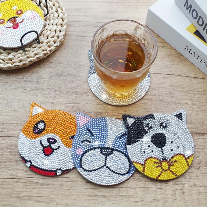 Vcekract Diamond Painting Coasters Kits, 6 Pices Dog Diamond Art Coasters with Holder, Crafts Kits for DIY Coasters, Diamond Art Kits for Adults