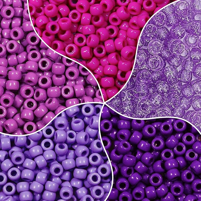 MIIIM 1000PCS 6x9mm Pony Beads Bulk, 5 Styles Purple for Bracelets Making Kit, Kandi, Hair for Braids, Craft for Jewelry Making (Purple)