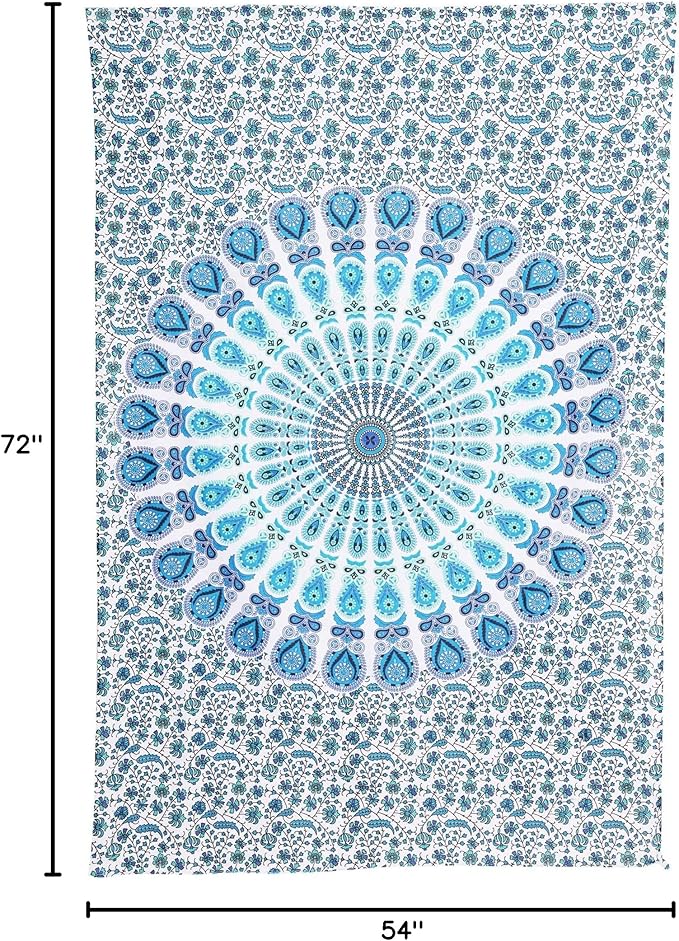bless international handmade indian hippie bohemian psychedelic peacock mandala wall hanging college dorm beach throws table cloth bedding tapestry (peacock sky blue, twin(54x72inches)(140x185cms))