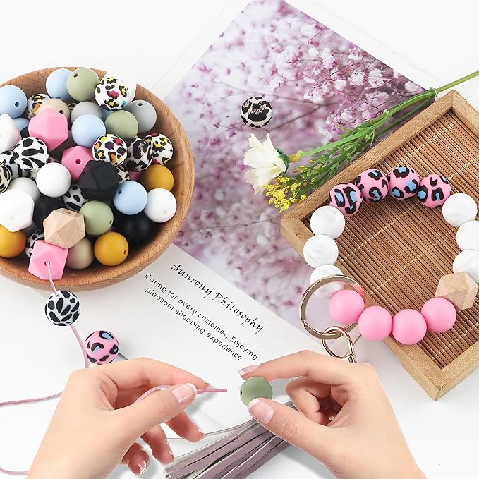 Sunrony 150pcs Silicone Beads for Keychain Making Bracelet Decoration and 15mm Silicone Beads for Pens (Leopard)