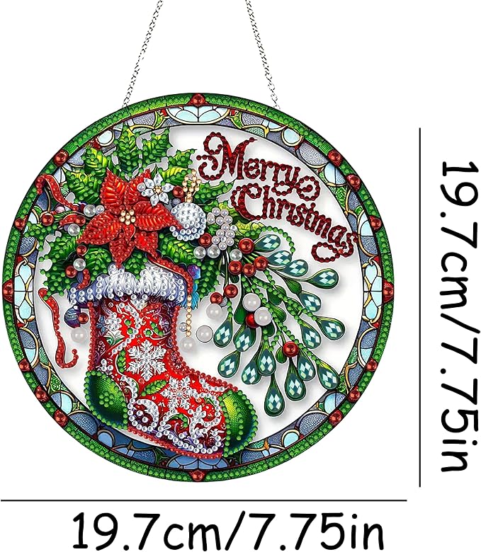 Diamond Art Hanging Kit for Adult,Special Shaped Rhinestone,DIY Acrylic Diamond Art Painting Window Pendants Home Garden Wall Hanging Kits Hanging Ornament,Double Sided. (Christmas Socks-1)