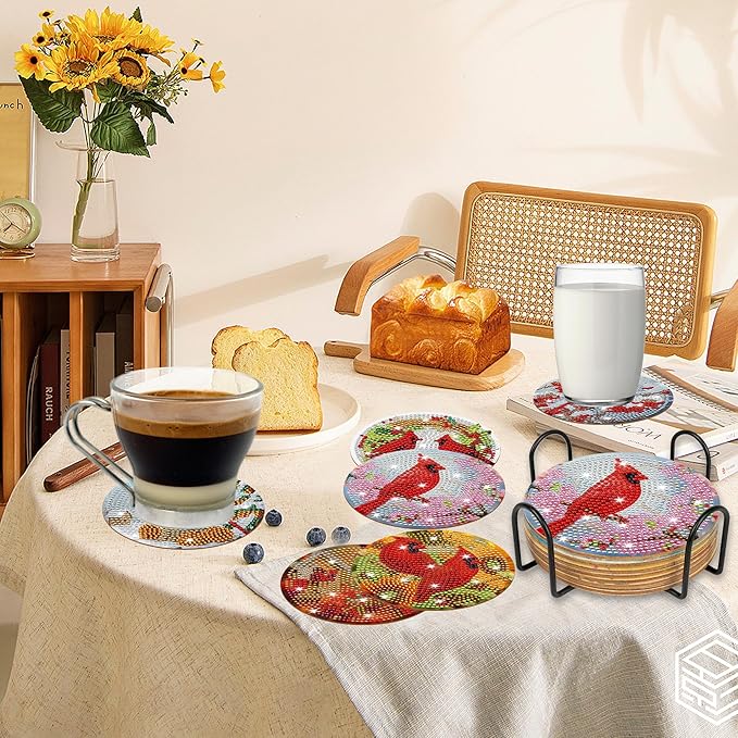 Cardinal Diamond Art Coasters Kit, 8 Pcs Red Bird Diamond Painting Coaster with Holder and Cork Pads, Non-Slip DIY Coasters Art for Adults Beginners DIY Craft Home Decor, Christmas Birthday Gifts