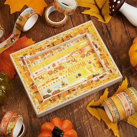 YUBX Autumn Washi Tape Set 18 Rolls Fall Printed Embellishment Yellow Decorative Masking Tapes for Arts, DIY Crafts, Journals, Planners, Scrapbook, Wrapping