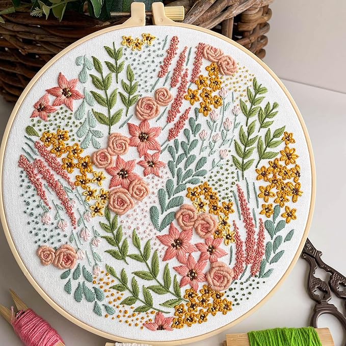 myfelicity embroidery kit, adult embroidery material set with cute flowers and plants patterns. 3 embroidery clothes and colors threads. 1 hoop. (flowers-a)