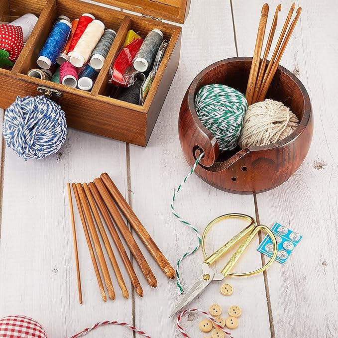 Patelai 6 x 6 x 3 Inch Wooden Yarn Bowls for Crocheting Round Knitting Wool Storage Yarn Bowl Handmade with Holes 12 Pieces Crochet Hooks for Knitting DIY Crafts Tools(Dark Brown)