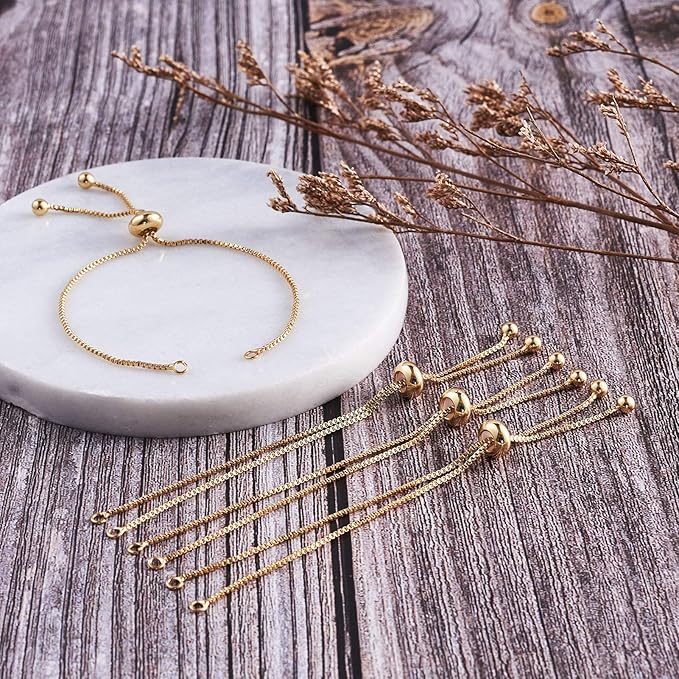FASHEWELRY 20 Strands Adjustable Brass Bracelet Slider Extender Chains with Rhinestone Ends 8-5/8"(22cm) Real Gold Plated for DIY Jewelry Making