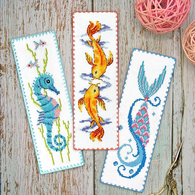 Povitrulya Koi Carp - Counted Cross Stitch Bookmark Kit - Embroidery Set for Adults with Paper Pattern, 16-Count Aida Canvas and Presorted Floss - DIY Christmas, New Year's Gift