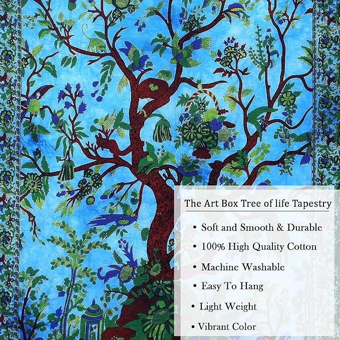 the art box tapestry turquoise tree of life wall hanging – indian cotton small-size bedspread, picnic sheet, wall decor, blanket, wall art for bedroom (30x40 inch)