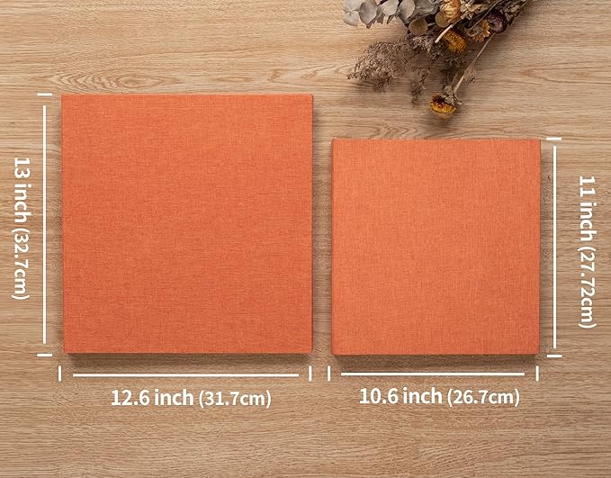 Large Photo Album Self Adhesive 4x6 8x10 10x12 13"x12.8" Magnetic Scrapbook Album 12.6"x11" Inch 40 Pages Linen Cover DIY Photo Album with A Metallic Pen and DIY Stickers(Orange)