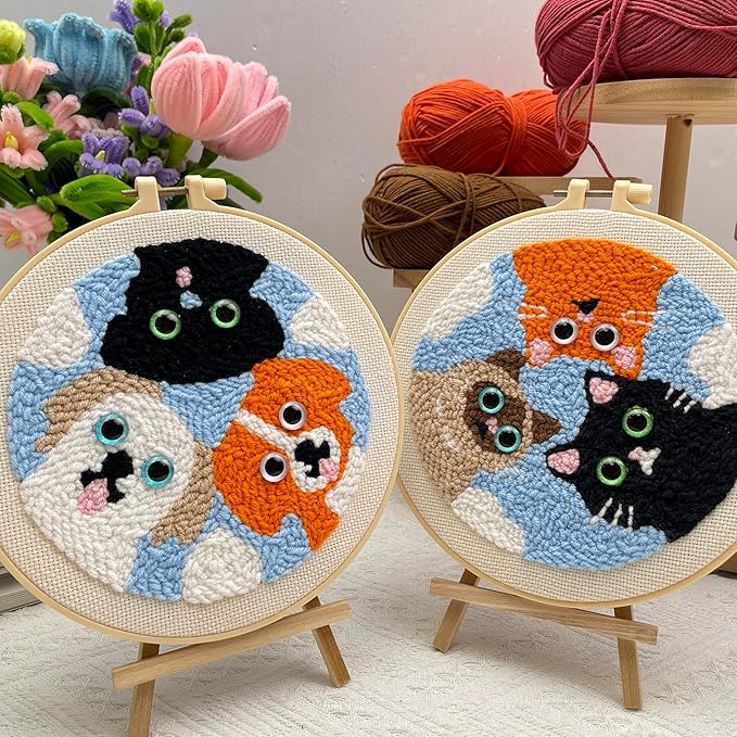 Punch Needle Kit for Adult Beginner, 2-Pack Puppy & Cat Punch Starter Set with Instructions – Yarn Needle Punch Craft for Xmas Gift Idea & Home Wall Decor
