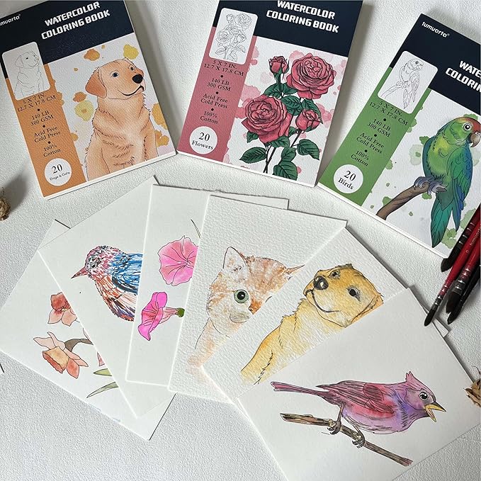 tumuarta Watercolor Coloring Book, 20 Unique Designs, 5x7”, 100% Cotton, 300GSM, 140 LB, Cold Press, Acid Free Watercolor Paper, Glue Bound Mixed Media Sketch Book (Dogs & Cats)