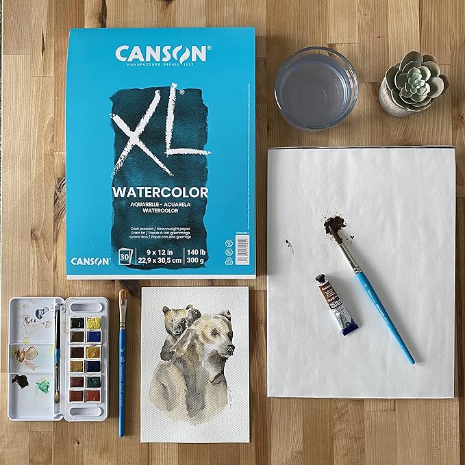 Canson XL Series Watercolor Textured Paper Pad for Paint, Pencil, Ink, Charcoal, Pastel, and Acrylic, Fold Over, 140 Pound,, 9” x 12”, 2 Pack, Fold Over Cover, 30 Sheets