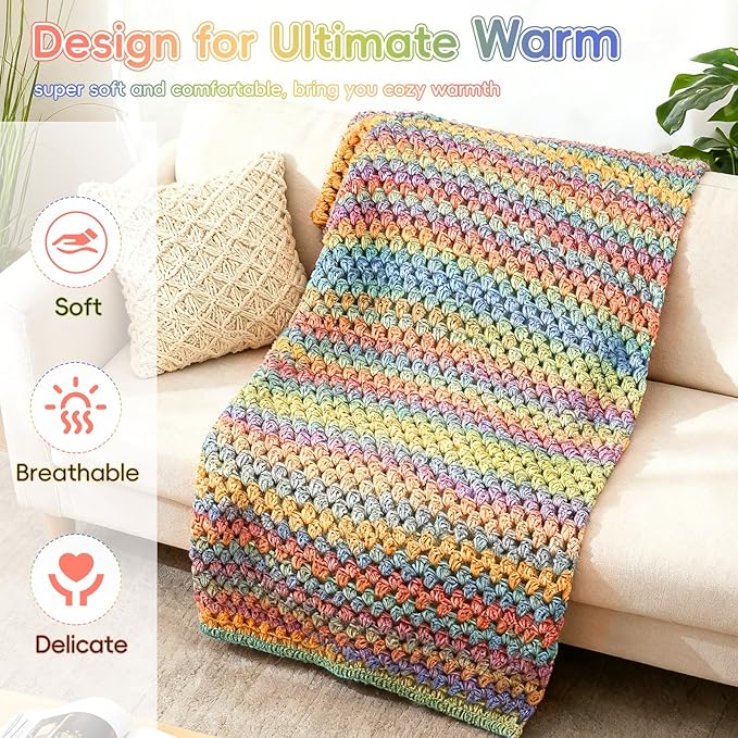 Aeelike Blanket Crochet Kit for Beginners, Super Easy Crochet Blanket Kit with Soft & Colorful Gradient Yarns Detailed Video Tutorials Crocheting Accessories, Rainbow Gradient & Ideal Gift