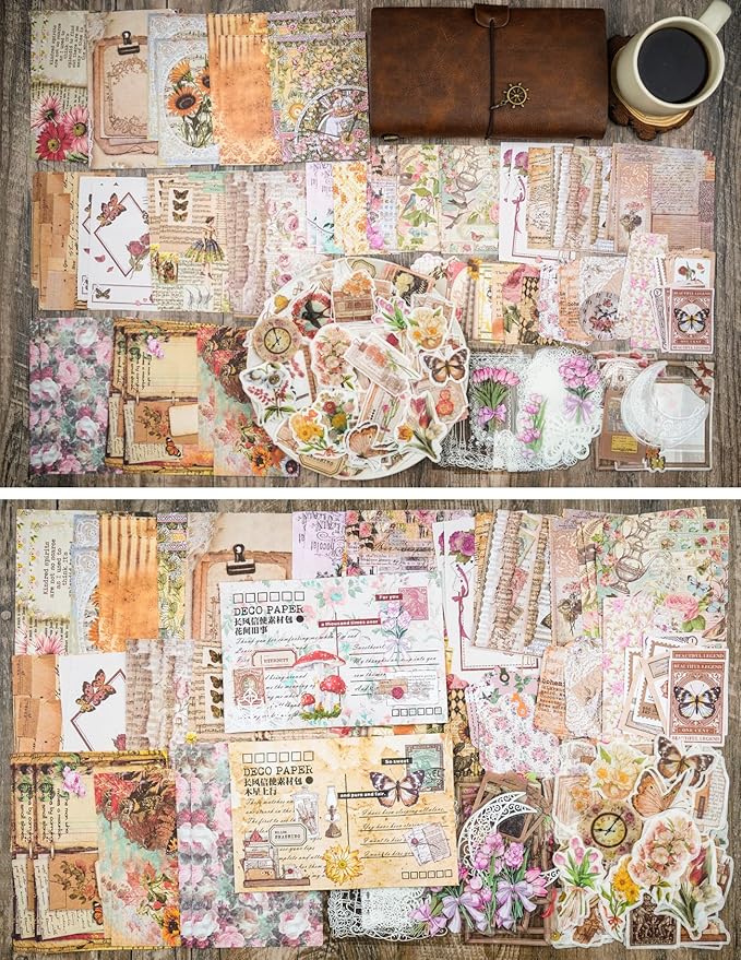 Knaid 200 Piece Vintage Ephemera Bundle - Paper & Sticker Kit for Junk Journaling, Scrapbooking, Planners, Bullet Journals, Collage, Decoupage - Cottagecore Themed - Pastel/Earthy Tones