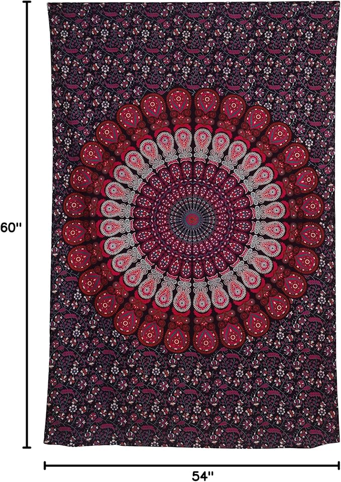 bless international handmade indian hippie bohemian psychedelic peacock mandala wall hanging college dorm beach throws table cloth bedding tapestry (purple pink, medium(54x60inches)(137x152cms))