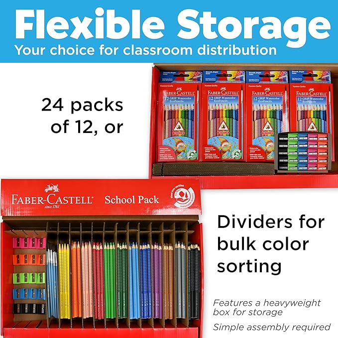 Faber-Castell - 288 Count- Grip Watercolor EcoPencils School Pack - Art Supplies For Kids- (24 Sets of 12 Colors + Free Sharpeners and Paint Brushes)