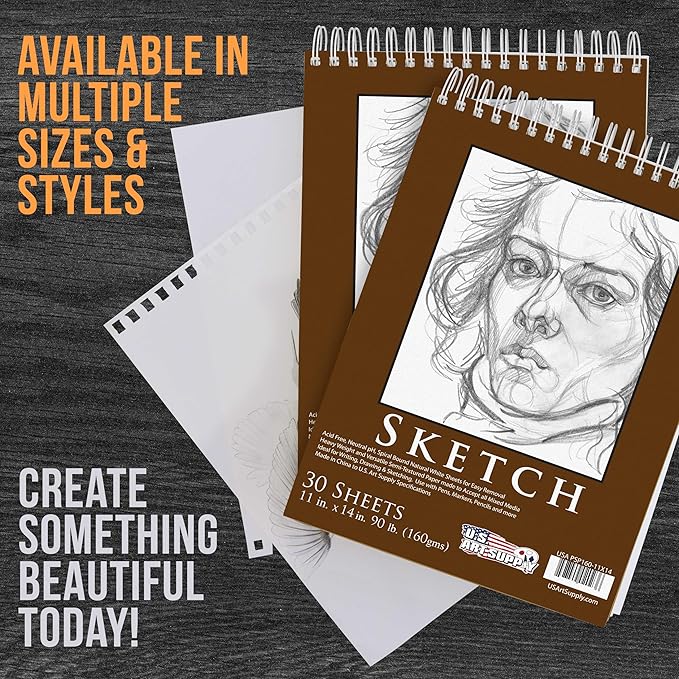 u.s. art supply 11”x14 premium heavy-weight paper spiral bound sketch book: 90 pound (160gsm), 30-sheet drawing pad (2 pack)