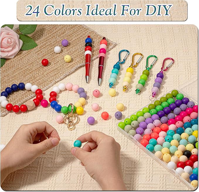 MAIBAOTA 150 Pcs Silicone Beads Bulk, 12 mm Mix Color Silicone Beads for Keychain Making, Loose Rubber Round for Keychain/Pens/Bracelet/Necklace Making(with Boxed Kits)