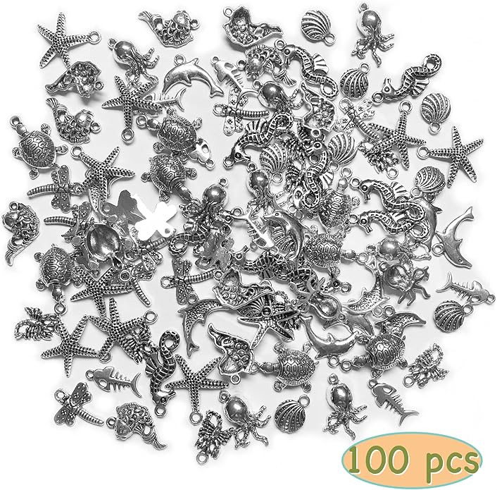 Heather's cf Silver Sea Charms – Antique Pendants, Non-Tarnish, Lead-Free & Nickel-Free, Bulk Ocean Animal Charms for DIY Jewelry, Bracelets, Necklaces, Earrings, Beach Craft Supplies (Sea Animals)