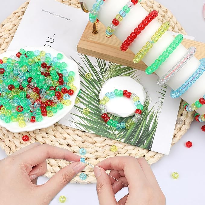 Glitter Pony Beads 1000 Pcs for Friendship Bracelets, Hair Braiding, Necklace, Earrings - 6x9mm Large Hole Plastic Transparent Glittering Beads for Jewelry Making