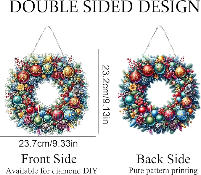 JJFox Diamond Art Hanging Kit for Adult,Special Shaped Rhinestone,Double Sided DIY Acrylic Diamond Art Painting Window Pendants Home Garden Wall Hanging Kits Hanging Ornament (Christmas wreath2)