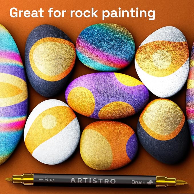 ARTISTRO 36 Metallic Acrylic Paint Markers - Paint Pens for Drawing, Brush + Fine Tips - For Fabric, Rock, Glass, Wood, Eggs - Art & Craft Supplies for Adults, Teens, Kids - Easter Basket Stuffers