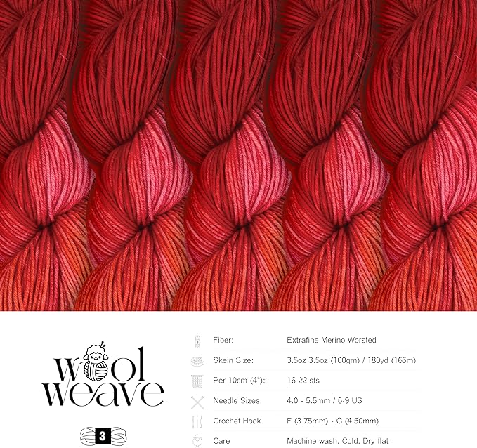 Superwash Merino Wool Yarn for Knitting & Crocheting - Hand Dyed Pink & Red Variegated Yarn, 100gr, 240 Yards, Dk Weight - Luxurious, Soft & Durable
