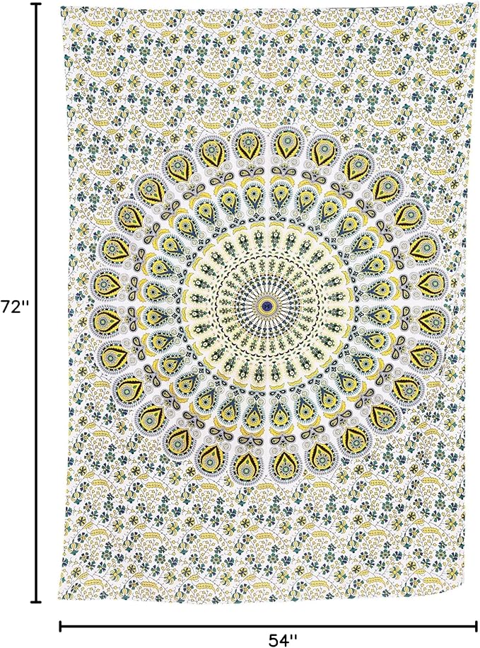 bless international handmade indian hippie bohemian psychedelic peacock mandala wall hanging college dorm beach throws table cloth bedding tapestry (yellow green, twin(54x72inches)(140x185cms))