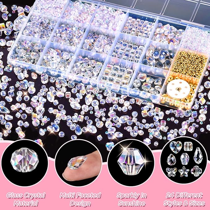 Zefy 2000+ Pcs Crystal Glass Beads for Jewelry Making, 24 Styles 3-15mm Assorted Faceted Craft Bead Kit for DIY Bracelet Necklace Earring Suncatcher (Clear AB Color)